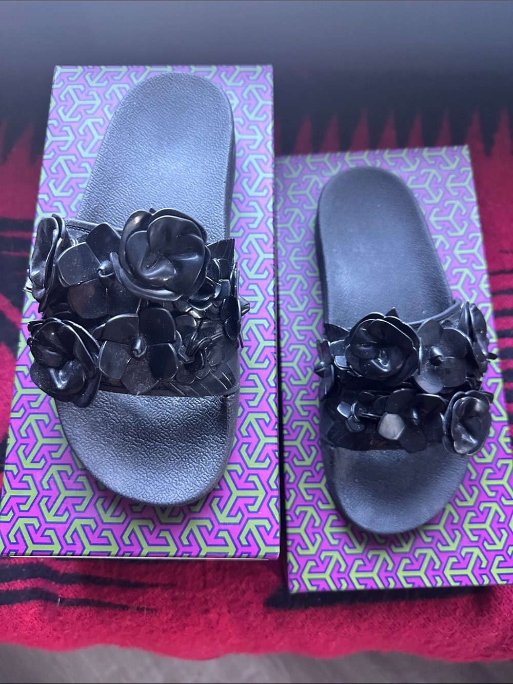 Tory Burch Black Floral Appliqué Slide Sandals
